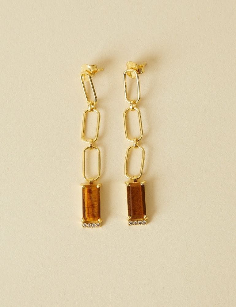 Chain Drop Earrings - Tiger Eye